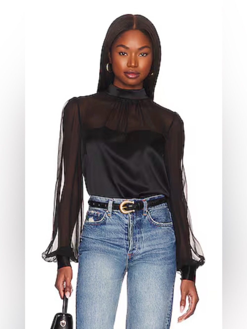 NWT Generation Love Black Satin & Sheer Mock Neck Blouse